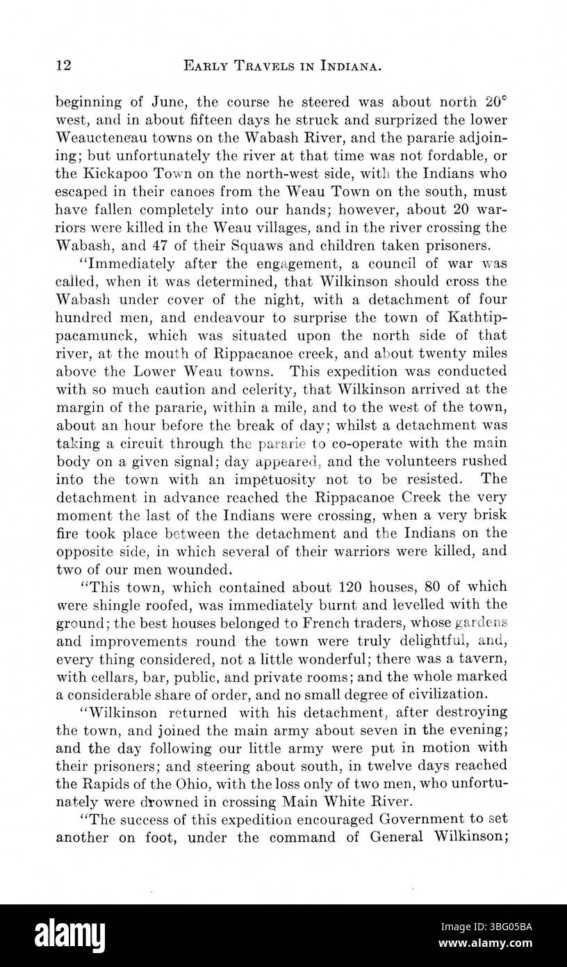 Das Dokument zeigt verschiedene Berichte von Reisenden über die Topographie, das Klima und die Eignung der Landschaft für Siedler in Indiana. Es enthält Schriften von historischen Persönlichkeiten wie Hutchins, Thomas und Birkbeck. Stockfoto