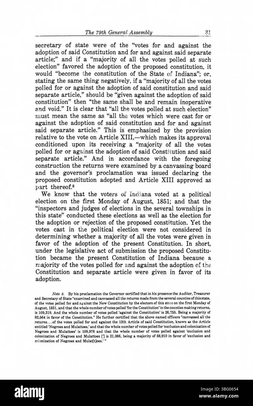 Seite 55 von *Vol. 4, Constitution Making in Indiana* befasst sich mit den Prozessen und dem historischen Kontext, der die Entstehung der Verfassung Indianas umgibt. Er hebt die wichtigsten Debatten und Beschlüsse hervor, die während der Verfassungskonventionen des 19. Jahrhunderts getroffen wurden. Stockfoto