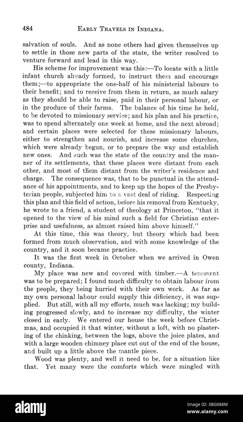 Diese Seite aus der Sammlung von 1916 präsentiert eine Reihe von Reiseschriften von Morris Birkbeck und anderen. Es umfasst Beobachtungen des Geländes und Klimas Indianas aus der Perspektive der frühen amerikanischen Entdecker und spiegelt die Rolle der Region an der frühen amerikanischen Grenze und der Westbewegung wider. Stockfoto