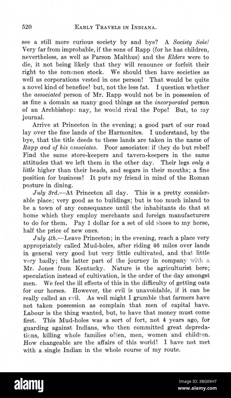 Diese 1916 erschienene Publikation stellt mehrere frühe Reiseberichte aus dem späten 18. Und frühen 19. Jahrhundert zusammen, die das Gelände, das Klima und die einheimische Bevölkerung Indianas detailliert beschreiben. Die Schriften, darunter die von Hutchins, Imlay und Volney, bieten frühe Perspektiven auf die Entwicklung der Region und die Expansion nach Westen in dieser Zeit. Stockfoto