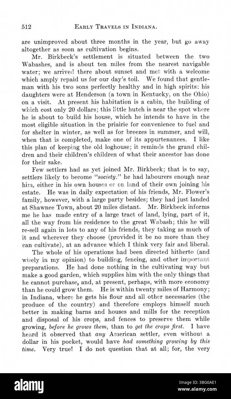 Diese 1916 erschienene Publikation enthält Reiseberichte von frühen Entdeckern Indianas und bietet detaillierte Beschreibungen der Geographie, des Klimas und der natürlichen Umgebung der Region. Werke von Autoren wie Hutchins, Imlay, Volney und Cutler beschäftigen sich mit Themen wie Bodenfruchtbarkeit, Klimabedingungen und frühe Wahrnehmung der amerikanischen Grenze. Das Werk bietet wertvolle historische Perspektiven auf die Landschaft vor der großen Besiedlung. Stockfoto