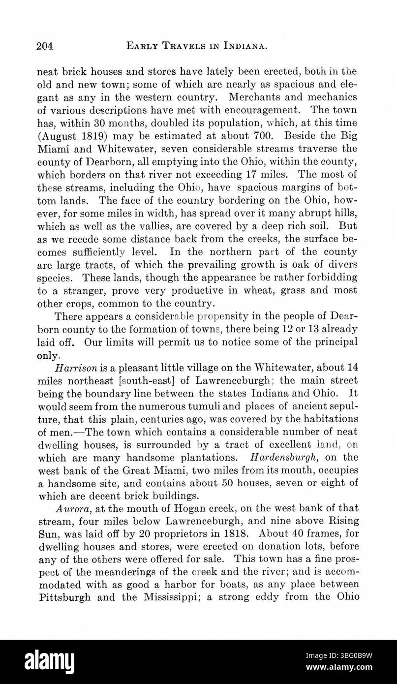 Die 1916 erschienene Sammlung der Reiseberichte von Indiana enthält bemerkenswerte Werke wie Travels in America (1806) von Thomas Ashe und Travels in the United States (1989) von John Melish. Diese Berichte bieten wertvolle Einblicke in Indianas Geographie, Klima und frühe Siedlungsmuster im späten 18. Und frühen 19. Jahrhundert. Der Band beleuchtet wichtige Explorationen und topografische Beschreibungen. Stockfoto