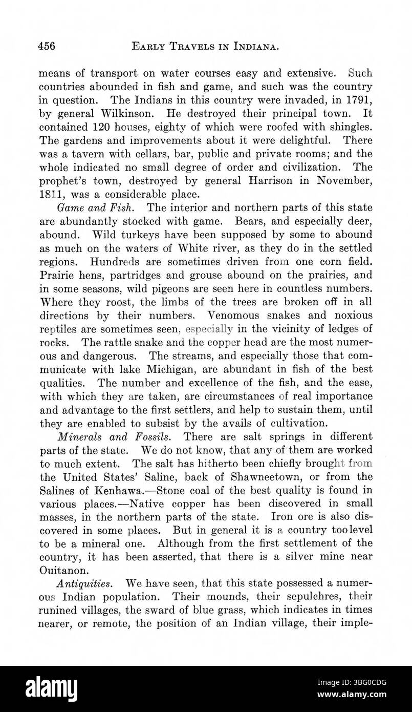 Diese Sammlung enthält Berichte aus erster Hand von frühen Reisenden wie Samuel Brown und Morris Birkbeck, die ihre Erfahrungen und Beobachtungen über Indiana und seine natürliche Landschaft dokumentieren. Ihre Schriften aus dem frühen 19. Jahrhundert geben wertvolle Einblicke in die frühe Besiedlung der Region und die Umgebung, die ihr Wachstum geprägt hat. Stockfoto