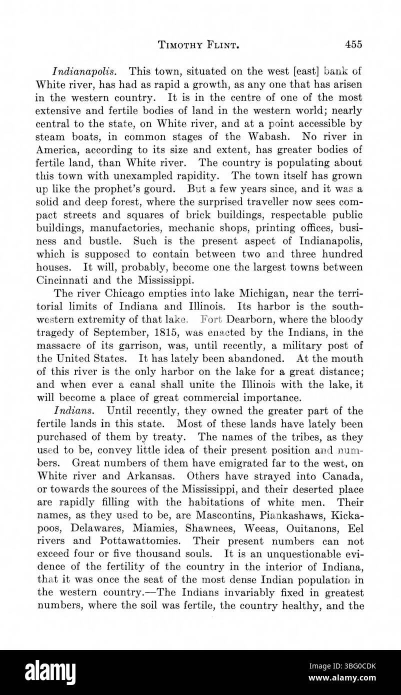 Der Band „Indiana as seen by Early Travelers“ enthält Reiseberichte von Thomas Hutchins, George Imlay und anderen, die die geographischen und klimatischen Bedingungen von Indiana und den umliegenden Regionen von 1778 bis 1817 erforschen. Diese Berichte geben ein detailliertes Bild der frühen Besiedlung des Gebiets und geben Einblicke in das Leben seiner frühen Bewohner. Stockfoto