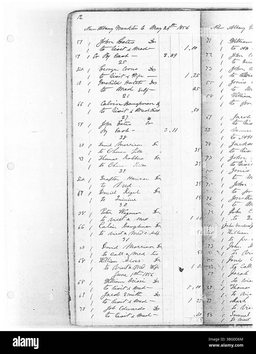 Diese Seite von Dr. Sylvester William Ranneys Zeitschrift von 1859 bietet einen Einblick in das tägliche Leben und die medizinische Praxis eines Arztes aus dem 19. Jahrhundert in Zentral-Ohio. Ranney war ein aktiver Arzt in den Countys Franklin, Delaware und Licking und diente der lokalen Bevölkerung. Seine Zeitschriften wurden später für die historische und genealogische Forschung digitalisiert. Stockfoto