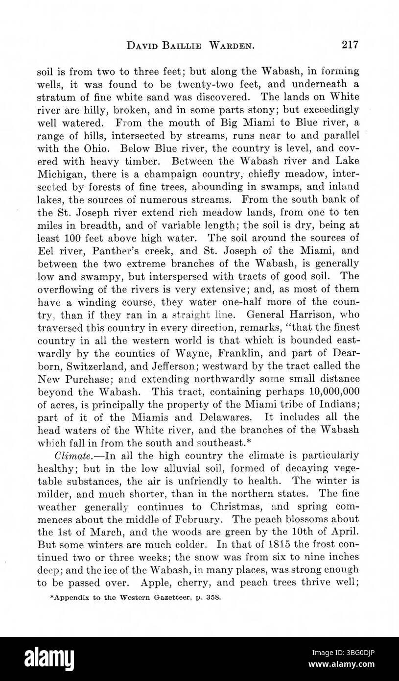 Der 1916 erschienene Band „Indiana as Seen by Early Travelers“ enthält verschiedene Berichte über amerikanische Entdeckungen, darunter George Imlays topographische Beschreibung des westlichen Territoriums aus dem Jahr 1793 und Thomas Ashe’s Reise durch die Vereinigten Staaten aus dem Jahr 1806. Diese Arbeiten geben Einblicke in die frühen Erfahrungen und Landschaften der Region. Stockfoto