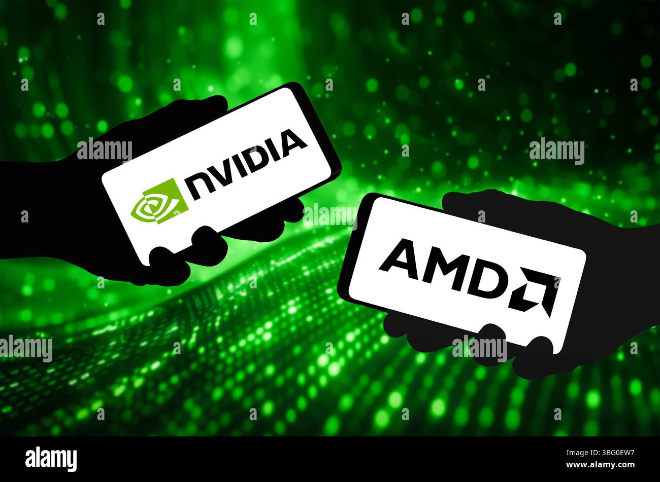 NVIDIA und AMD. Konkurrierende Chiphersteller, die die Zukunft von Grafik und KI vorantreiben Stockfoto