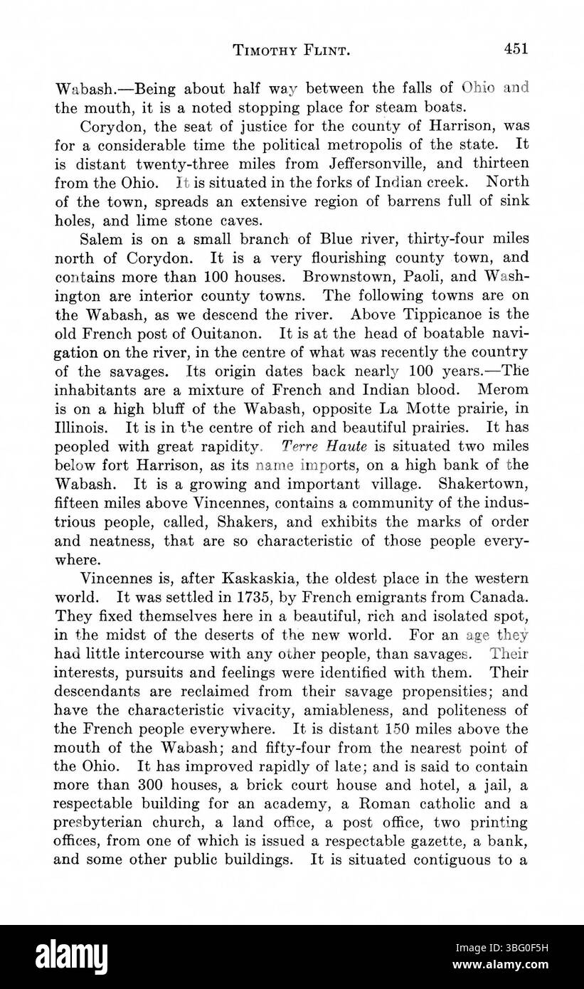 Die 1916 erschienene Sammlung „Indiana as Seen by Early Travelers“ enthält Reiseberichte von Personen wie Thomas Hutchins und Samuel Brown. Diese Autoren gaben Einblicke in die Geographie, das Klima und die Besiedlung von Indiana zwischen 1778 und 1817. Die Arbeit umfasst auch topographische Beschreibungen benachbarter Gebiete und Berichte von den frühesten Entdeckern der Region. Stockfoto