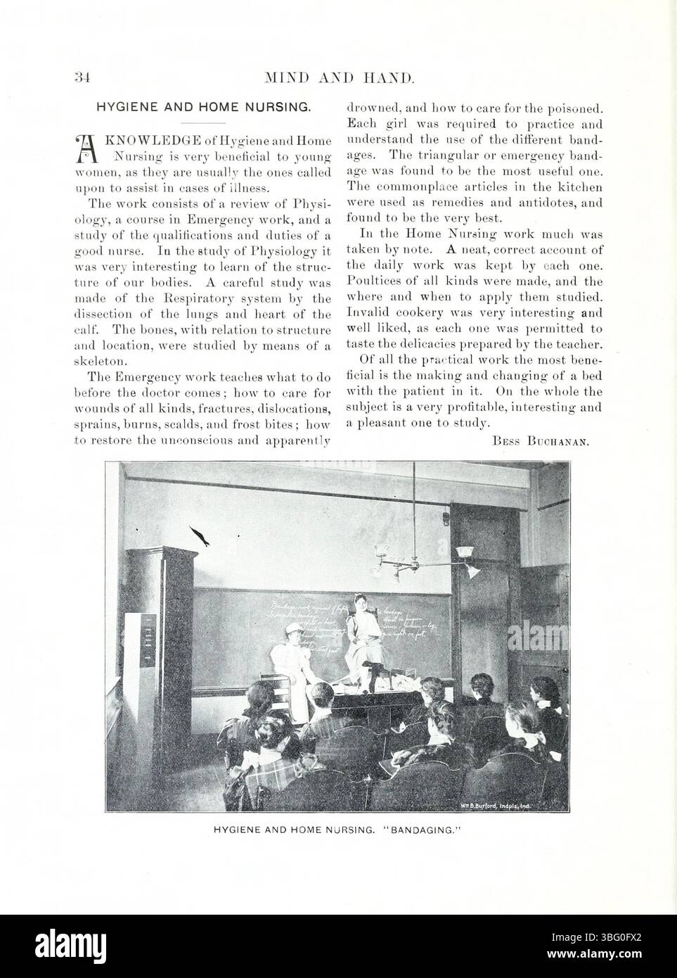 Seite 40 von *Mind and Hand*, Band 4, Nummer 1, vom Mai 1898, befasst sich weiter mit der Rolle des praktischen und intellektuellen Lernens in der damaligen Bildungslandschaft. Stockfoto