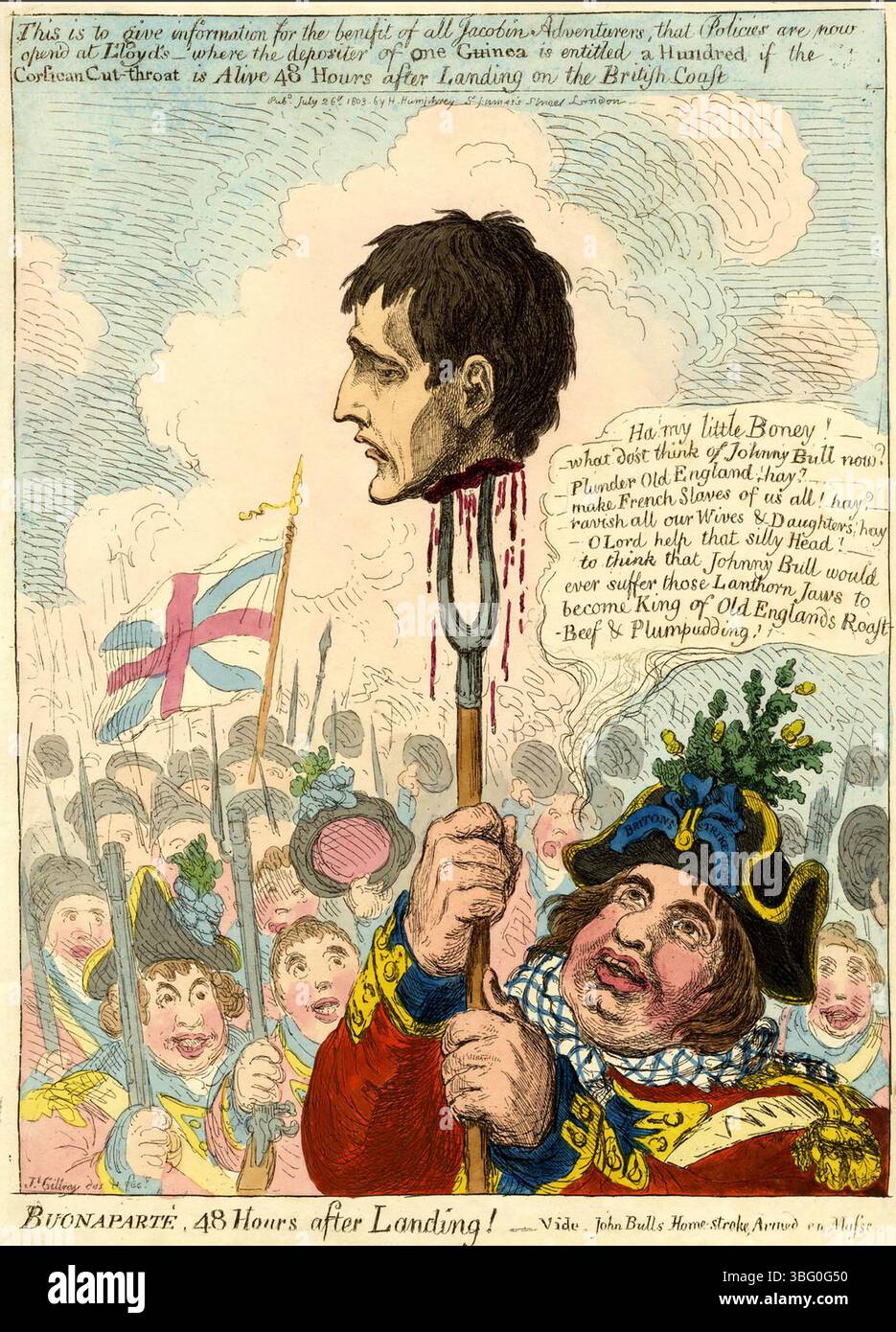 JOHN BULL hält den abgetrennten Kopf Napoleons auf einer Heugabel in der Karikatur von James Gillray vom Juli 1803. Bonaparte, 48 Stunden nach der Landung! Stockfoto