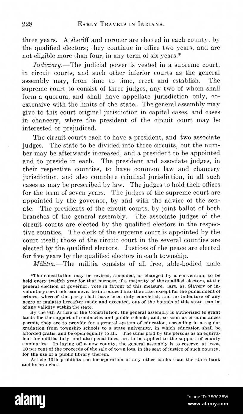Dieser Abschnitt von „Indiana as Seen by Early Travelers“ (1916) enthält verschiedene Reiseschriften, wie etwa die von Samuel Brown und John Melish, die detaillierte Berichte über Indiana und die umliegenden Gebiete liefern. Diese Schriften konzentrieren sich auf die Geographie, das Klima und die Besiedlung der Region während des frühen 19. Jahrhunderts. Stockfoto