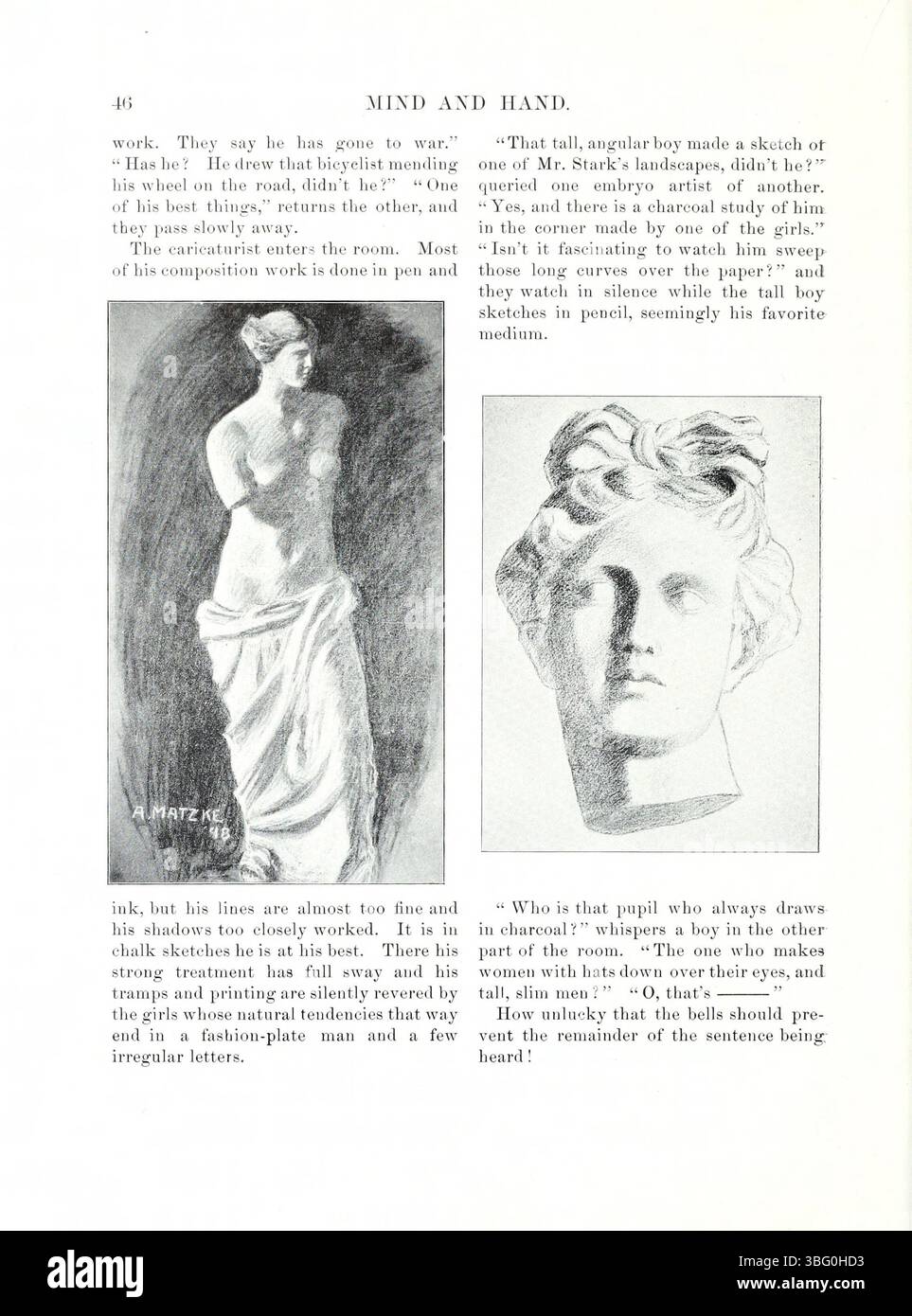 Diese Seite aus der Mai-Ausgabe 1898 von *Mind and Hand* (Band 4, Nummer 1) enthält einen artikel, in dem die Integration von intellektuellen und körperlichen Fähigkeiten durch manuelle Trainingsprogramme diskutiert wird. Stockfoto