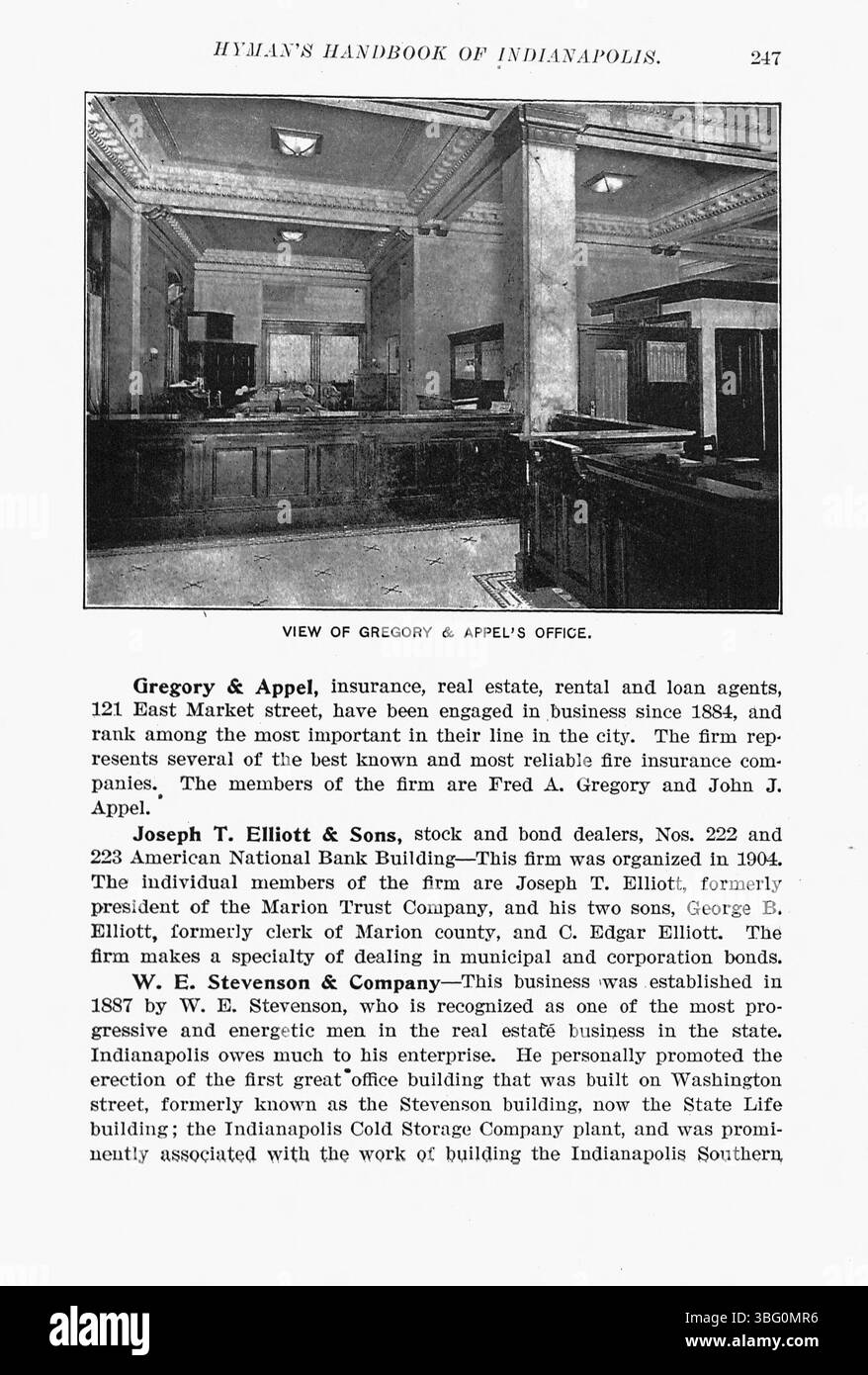 Seite 248 des Hyman's Handbook of Indianapolis von 1907 führt die Geschichte der Stadt mit zusätzlichen Fotografien und Illustrationen fort. Das von Max R. Hyman herausgegebene Buch bietet einen Überblick über die Geschichte Indianapolis und enthält einen Index. Stockfoto