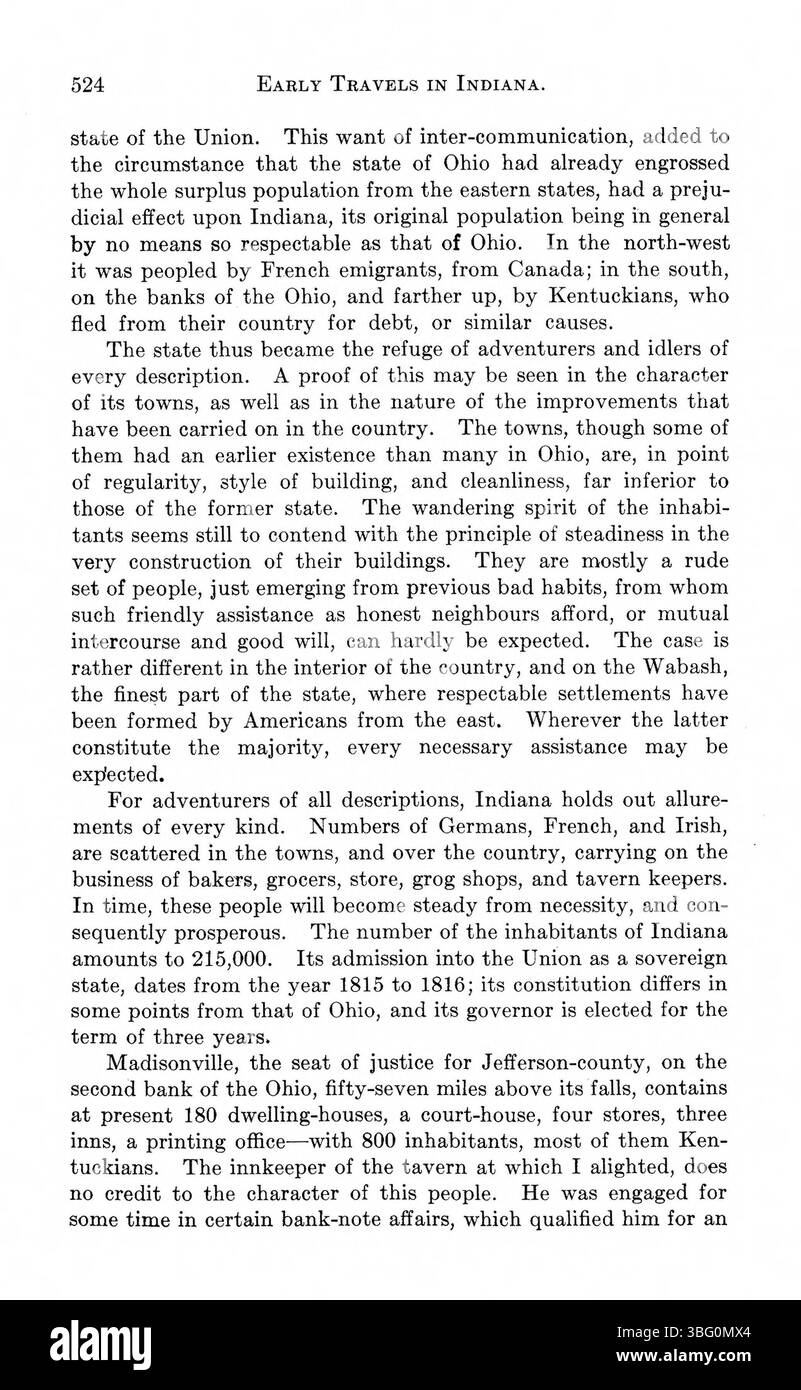 Diese 1916 erschienene Publikation stellt Berichte über frühe amerikanische Reisende nach Indiana zusammen und konzentriert sich dabei auf ihre Beobachtungen der Topographie, des Klimas und der indianischen Stämme. Schlüsselfiguren wie Hutchins und Imlay lieferten wichtige Einblicke in die Herausforderungen, denen die Siedler während der Expansion nach Westen gegenüberstanden. Stockfoto