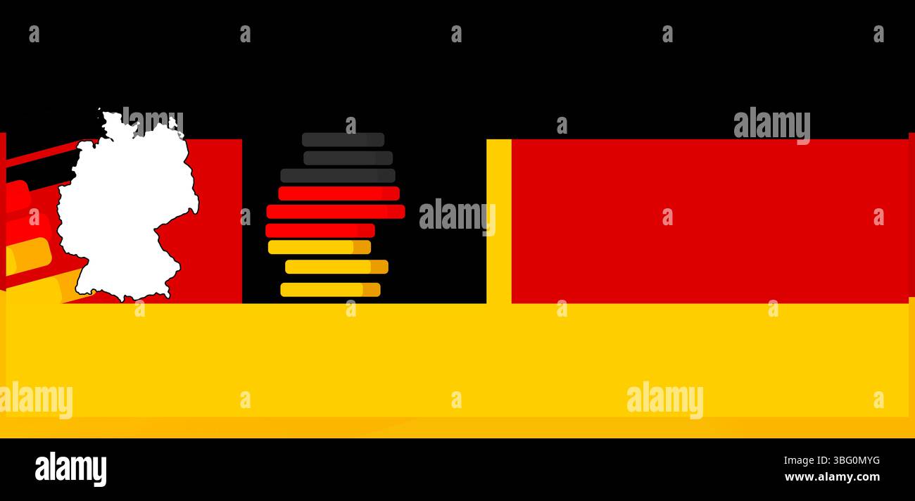 Deutschland Hintergrund und zunehmendes Balkendiagramm mit Aufwärtspfeilen in den Nationalfarben Deutschlands als deutsches Flaggendesign Stockfoto