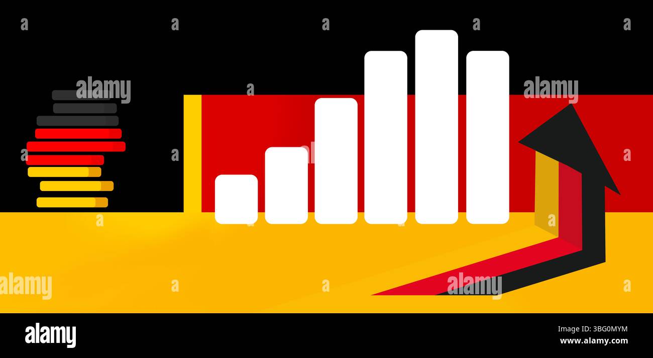 Deutschland Hintergrund und zunehmendes Balkendiagramm mit Aufwärtspfeilen in den Nationalfarben Deutschlands als deutsches Flaggendesign Stockfoto