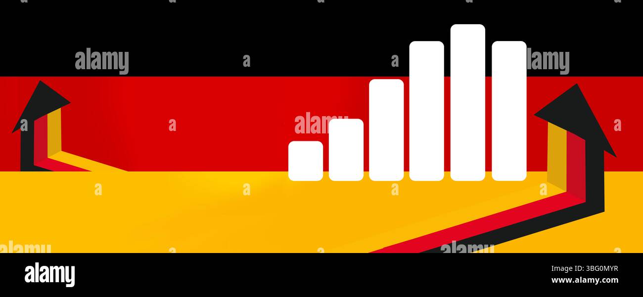 Deutschland Hintergrund und zunehmendes Balkendiagramm mit Aufwärtspfeilen in den Nationalfarben Deutschlands als deutsches Flaggendesign Stockfoto