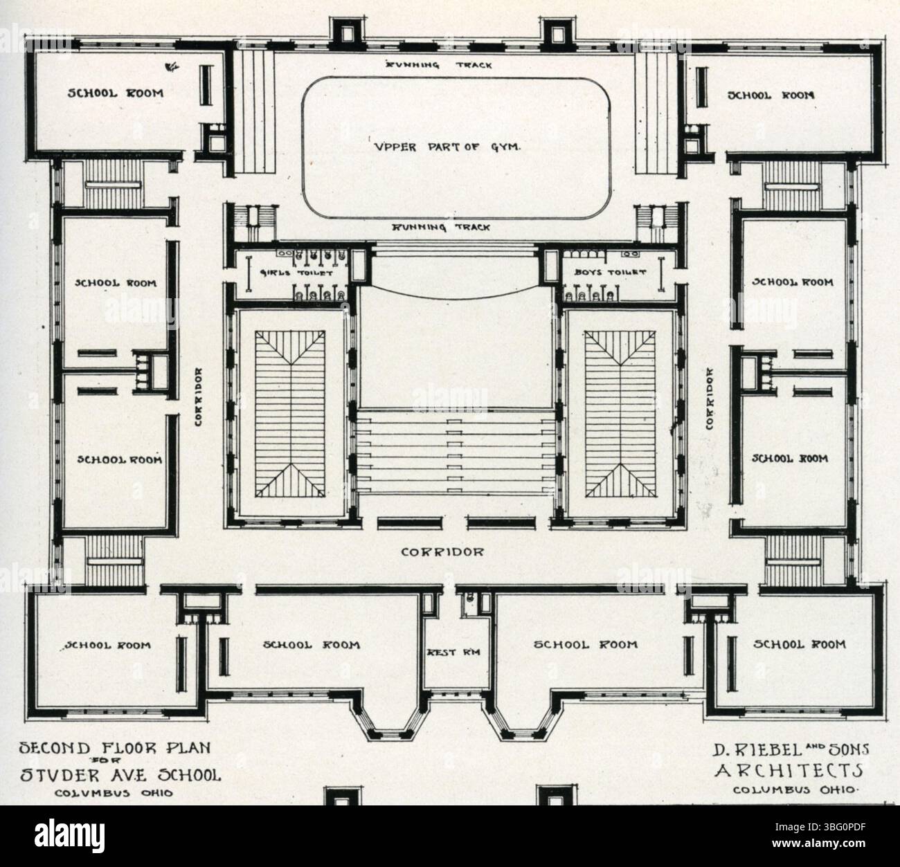 Der Entwurf der Studer Avenue School aus dem Jahr 1915 enthält Grundrisse für das erste, das zweite Stockwerk und das Untergeschoss. Die Grundrisse des Gebäudes spiegelt den Zweck des Bildungswesens in Columbus, Ohio, wider. Stockfoto