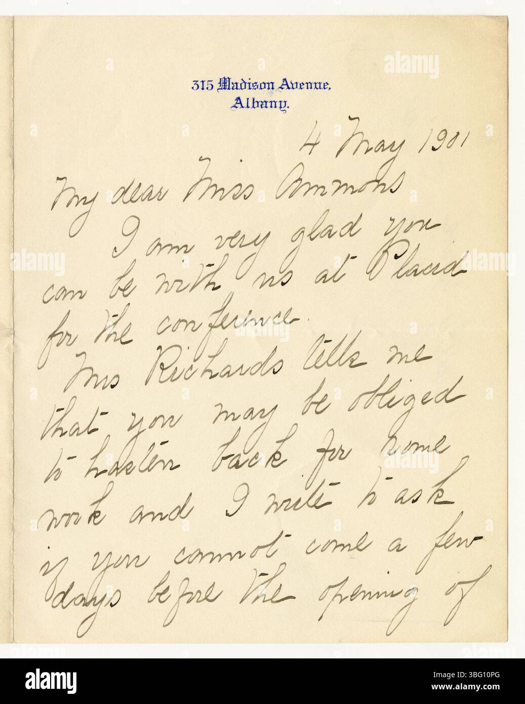 Diese Seite enthält einen Bericht von Annie Dewey, der den Zeitraum vom 4. Mai bis 3. August 1901 abdeckt und die Ereignisse und Aktivitäten während dieser Zeit detailliert beschreibt. Stockfoto