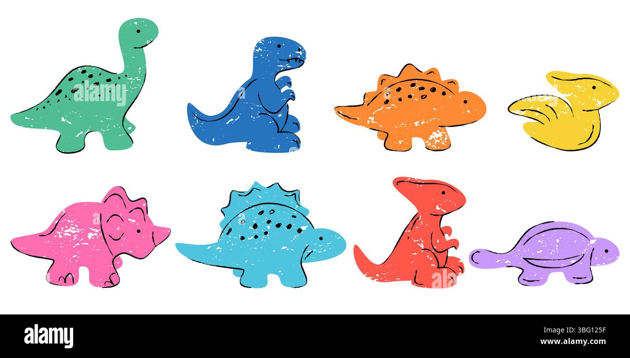 Handgezeichnetes mehrfarbiges Set mit niedlichen Dinosauriern. Vektor-Buntstift, Kreideillustration. Dino Trendy Kollektion, Design-Elemente für Kinder isoliert auf weißem bac Stock Vektor