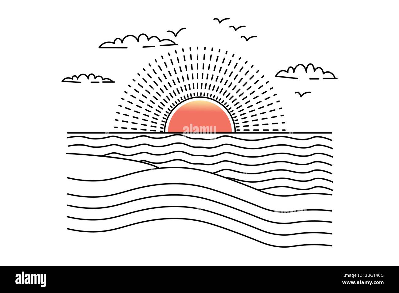 Sonnenuntergang durchgehende, einzeilige Zeichnung der wunderschönen Landschaft Stock Vektor
