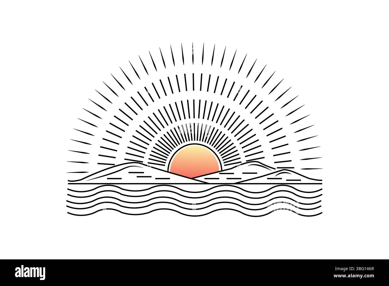 Sonnenuntergang durchgehende, einzeilige Zeichnung der wunderschönen Landschaft Stock Vektor