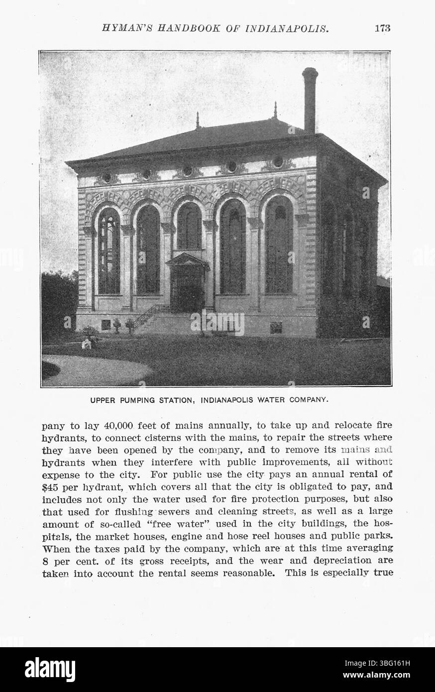 Seite 174 des Hyman's Handbook of Indianapolis von 1907 enthält weiterhin eine Geschichte Indianapolis mit über 300 fotografischen Illustrationen. Das Werk, herausgegeben von Max R. Hyman, enthält einen Index zur einfachen Navigation. Stockfoto
