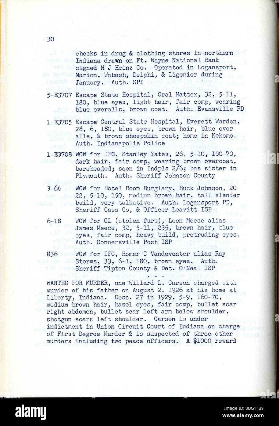 Die Ausgabe des Indiana Law Enforcement Digest vom Januar 1940 umfasst die Indiana State Police, interne Büros, Kriminaldaten und Listen gesuchter Personen. Stockfoto