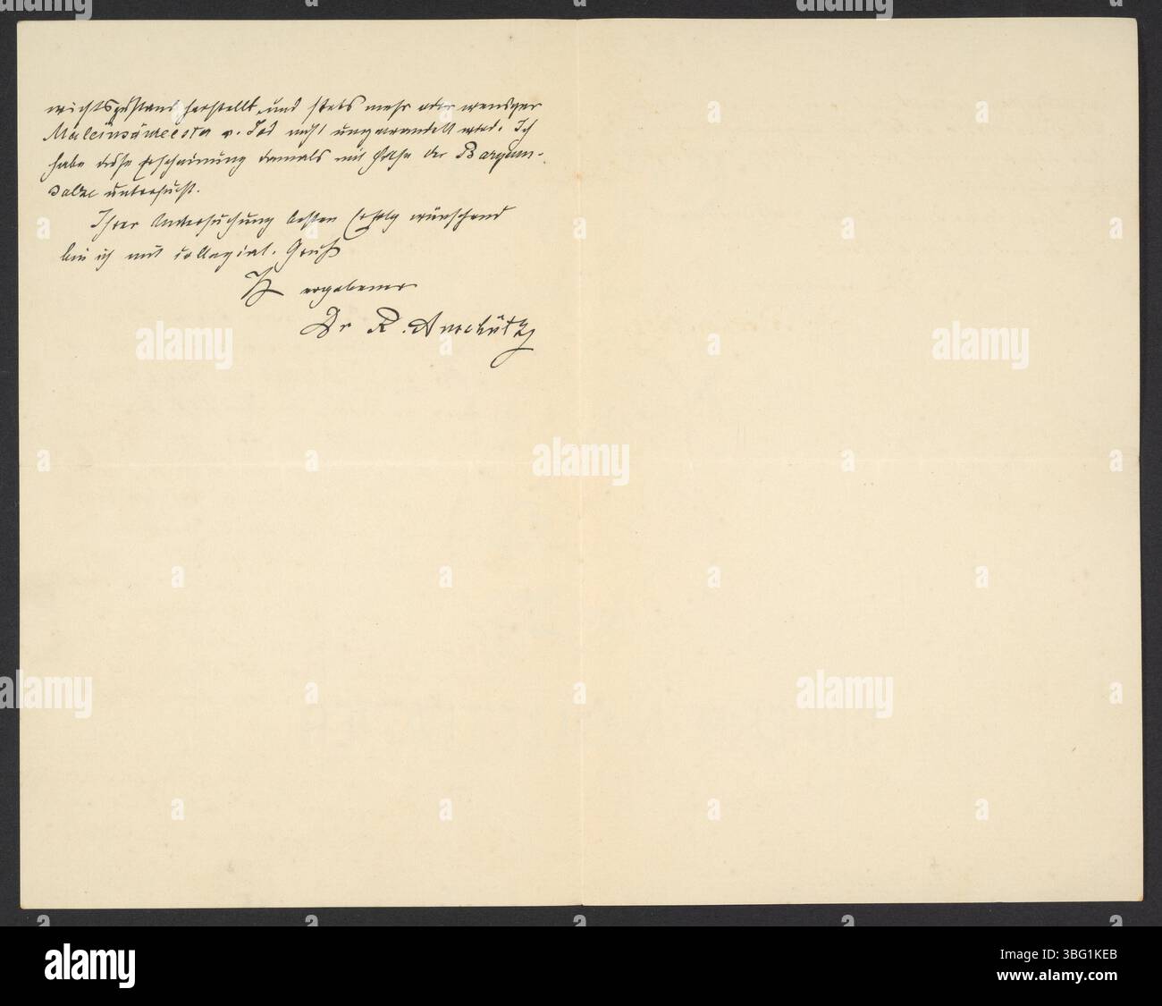 In diesem Brief des deutschen organischen Chemikers Richard Anschütz (1852–1937) an Georg Bredig (1868–1944) geht es um die Herstellung von Maleinsäureestern. Anschütz, Professor an der Universität Bonn, war einflussreich auf dem Gebiet der organischen Chemie. Stockfoto