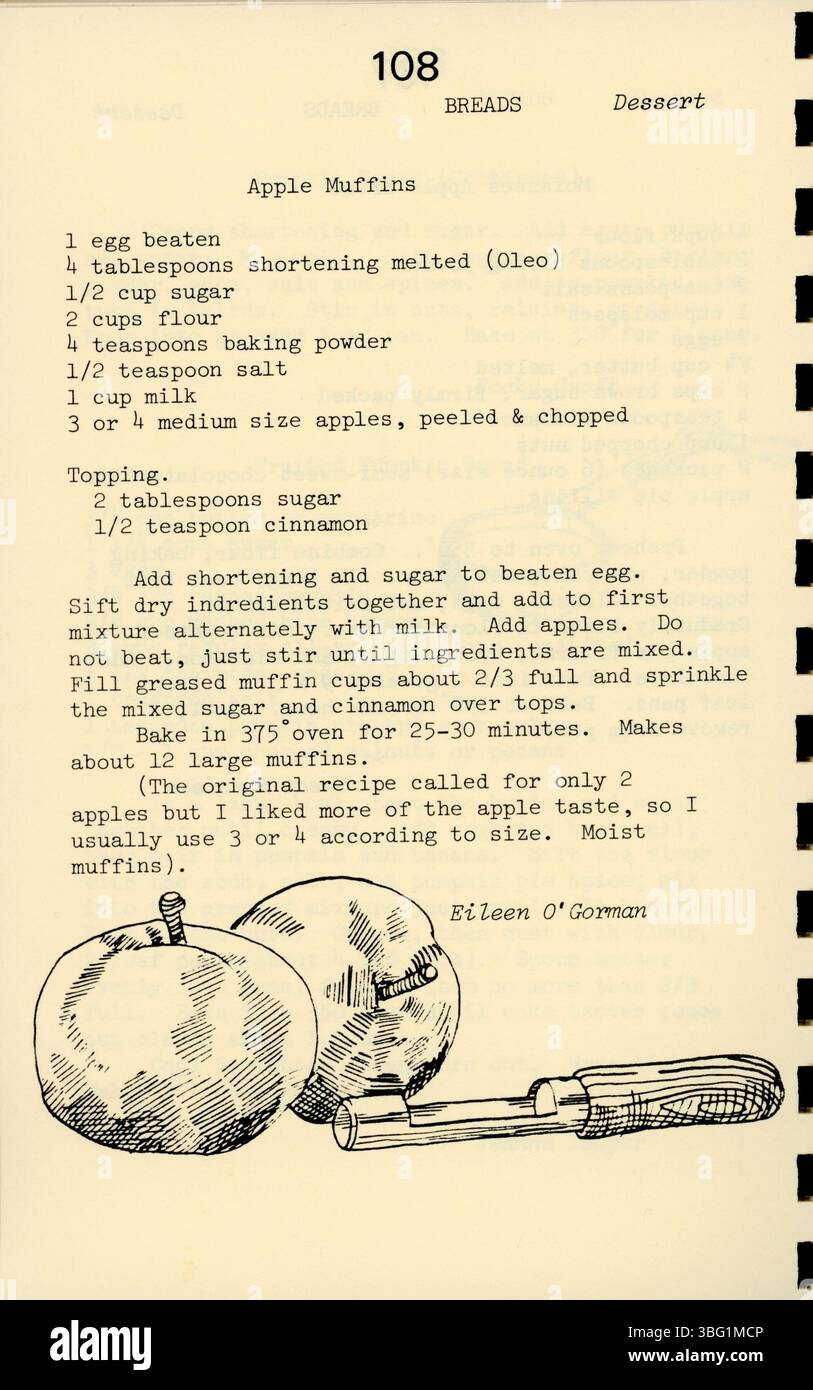 Eine zusätzliche Seite aus dem Kochbuch „Culinary Pleasures of the Library“ mit weiteren hausgemachten Rezepten, die 1975 von den Mitarbeitern der Columbus Public Library beigesteuert wurden und verschiedene Kochstile und Geschmacksrichtungen hervorheben. Stockfoto