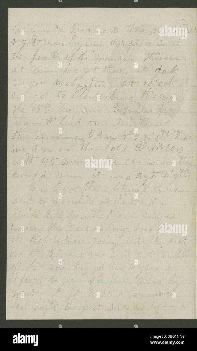 Am 17. Oktober 1862 schreibt Edwin Brown an Almyra Brown, dass er sich im Westen von Virginia befindet, 3 Meilen von Clarksburg entfernt. Der Brief gibt Einblicke in das tägliche Leben der Soldaten und ihre Orte während des Bürgerkriegs. Stockfoto
