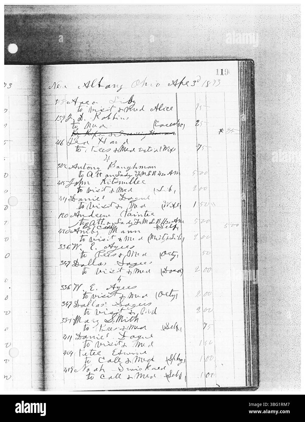 Der Band 1875-1878 von William Ranneys Tagesbuch beschreibt seine Karriere als Arzt in Central Ohio. 1830 in Franklin County geboren, studierte Ranney am Starling Medical College und praktizierte Medizin in Franklin, Delaware und Licking County. Seine Zeitschriften wurden digitalisiert und für genealogische und historische Forschungszwecke indexiert. Stockfoto