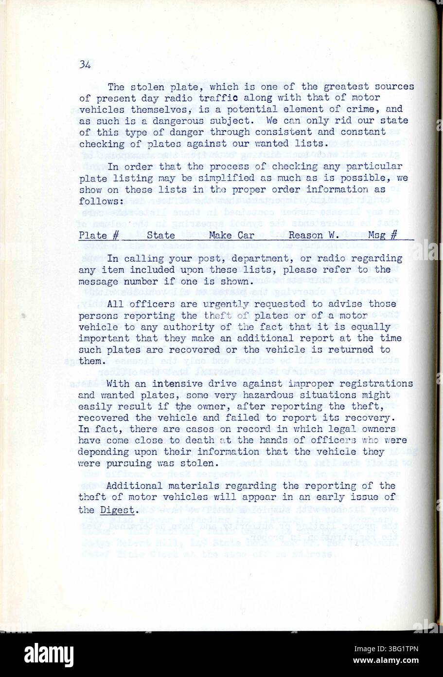 Januar 1940 Ausgabe des Indiana Law Enforcement Digest, in dem die Operationen der Staatspolizei, Updates des internen Büros, Kriminalstatistiken und gesuchte Personen detailliert beschrieben werden. Stockfoto