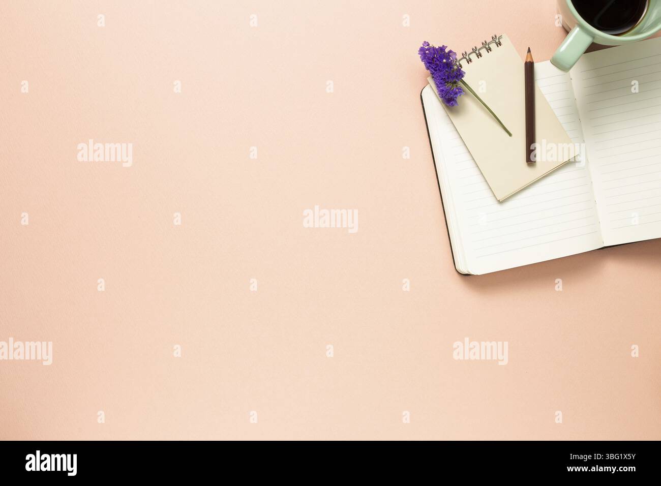 Arbeits- und Studienort. Notizbuch und Tasse Kaffee auf rosa Hintergrund. Flach legen, Ansicht von oben, kopieren Raum Stockfoto
