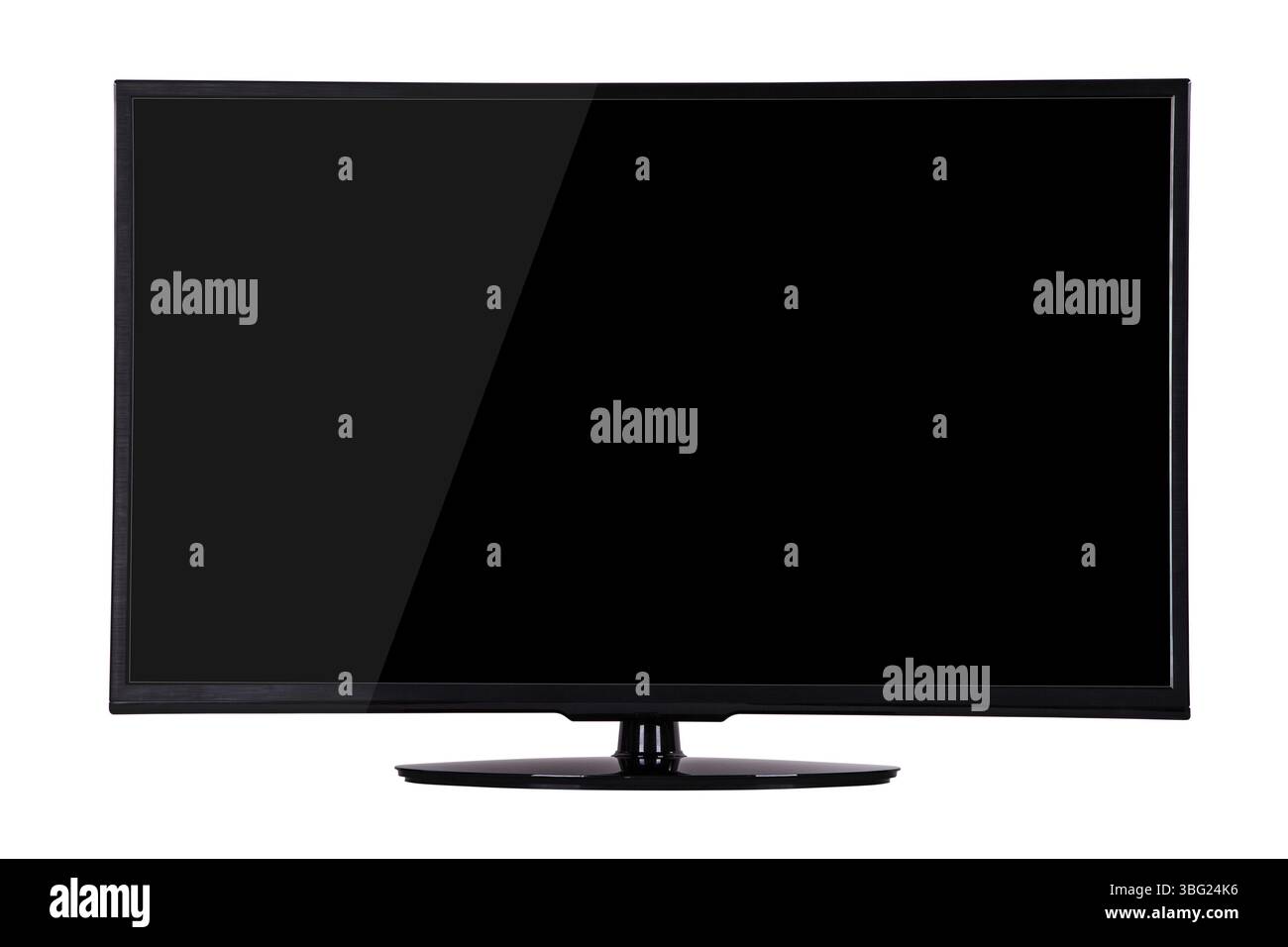 Moderner, schlanker Plasma-Fernseher auf einem schwarzen Standfuß, isoliert auf weißem Hintergrund, wird für den Zuschauer bereitgestellt Stockfoto