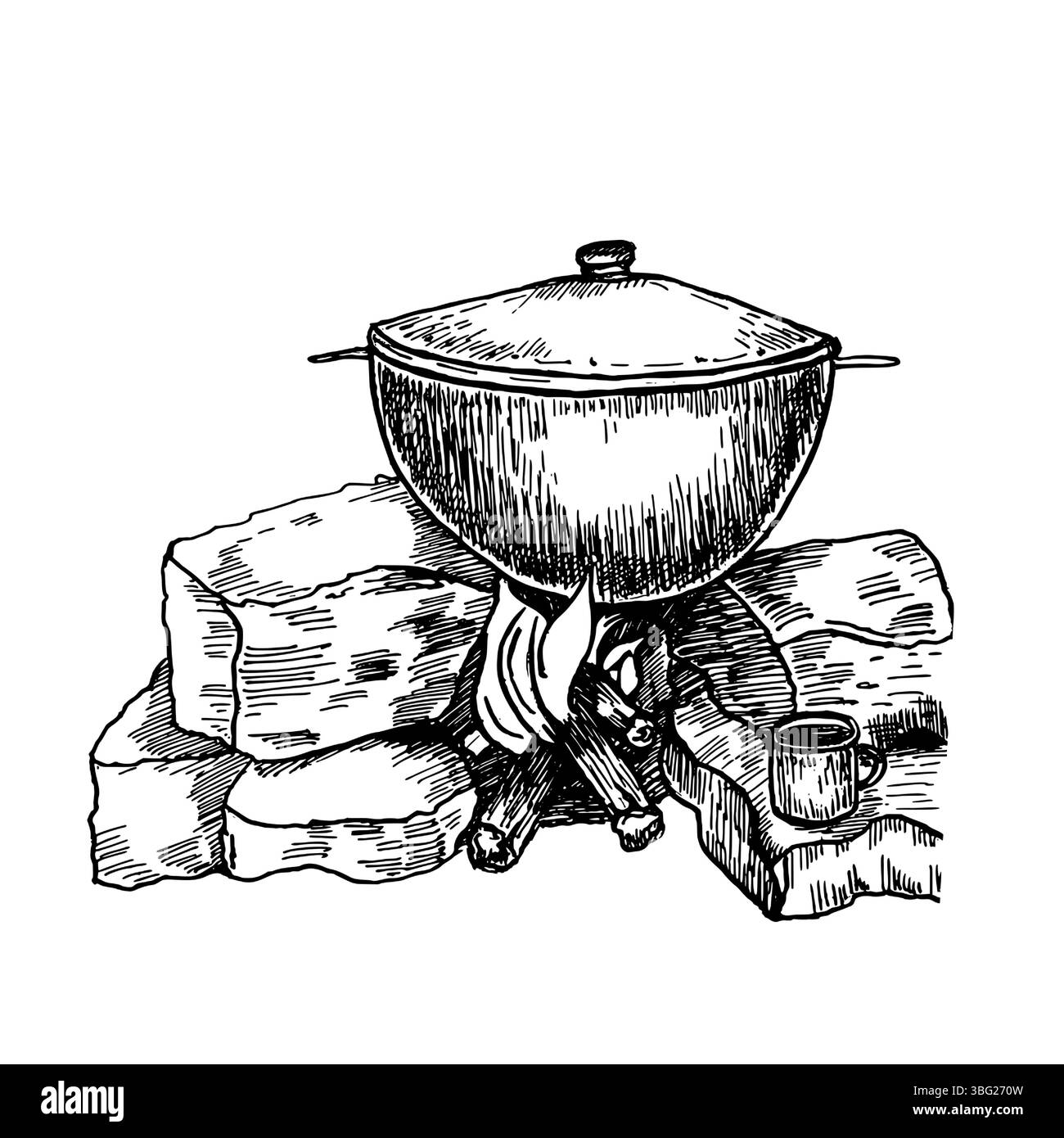 Hand gezeichnete schwarz-weiße Vektor-Illustration eines gusseisernen Topfes über Lagerfeuer. Kessel mit Deckel auf Steinen stehend, brennende Baumstämme zeichnen. Rustikal Stock Vektor