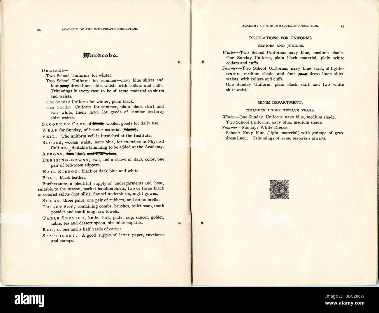 Seite 15 des Flugbuchs 1910 für die Akademie der Unbefleckten Empfängnis, Oldenburg, enthält weitere Informationen über Struktur, Reglemente und Bildungsangebote der Akademie, die sich mit der akademischen Ausbildung junger Frauen im religiösen Kontext befassen. Stockfoto