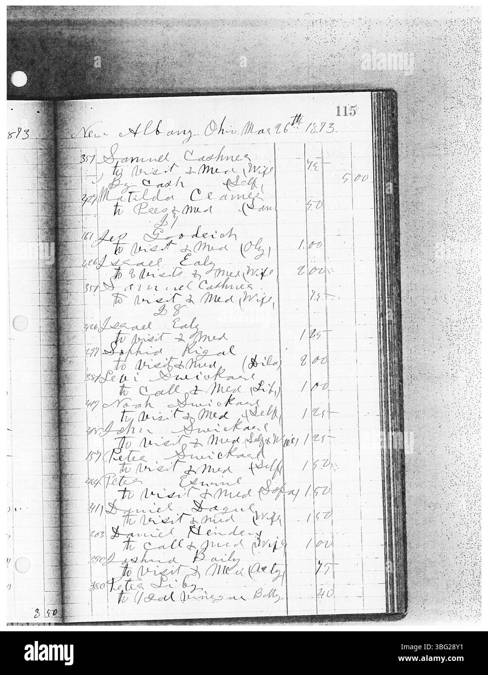 Dieser Band des Tagesbuchs von Dr. Sylvester William Ranney aus dem Jahr 1875-1878 dokumentiert seine medizinische Praxis in Zentral-Ohio. 1830 in Franklin County geboren, besuchte Ranney das Starling Medical College und war ein wichtiger Arzt in den Bezirken Franklin, Delaware und Licking. Die Zeitschrift wurde digitalisiert und für genealogische und historische Forscher indexiert. Stockfoto