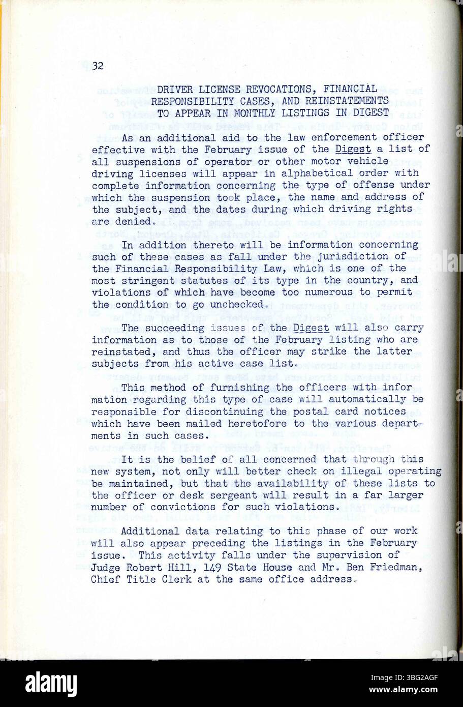 Diese Publikation vom Januar 1940 enthält Informationen über Operationen der Indiana State Police, Funktionen des Büros, Kriminalstatistiken und gesuchte Personen. Stockfoto