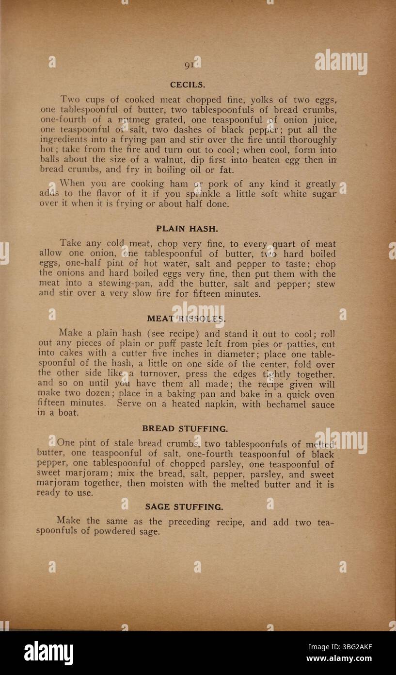 Seite 95 des „Circle Number 9 Cook Book 1919“ enthält eine Vielzahl von Hausrezepten, die von den Damen der Großen Armee der Republik beigesteuert wurden. Diese Rezepte spiegeln die Kochstile und Zutaten wider, die von amerikanischen Familien in den frühen 1900er Jahren verwendet wurden Stockfoto