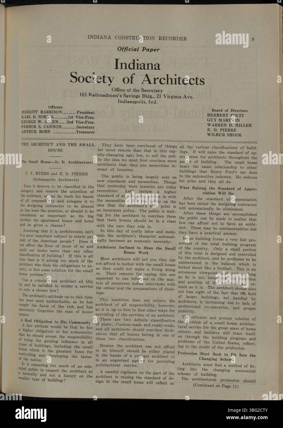 Der Indiana Construction Recorder vom 28. Mai 1927 ist die offizielle Publikation der Indiana Society of Architects and Construction Contractor Association. Es umfasst Bauverbände, Baumaterialien, Werbung sowie Aufträge und Projekte in Indiana. Stockfoto