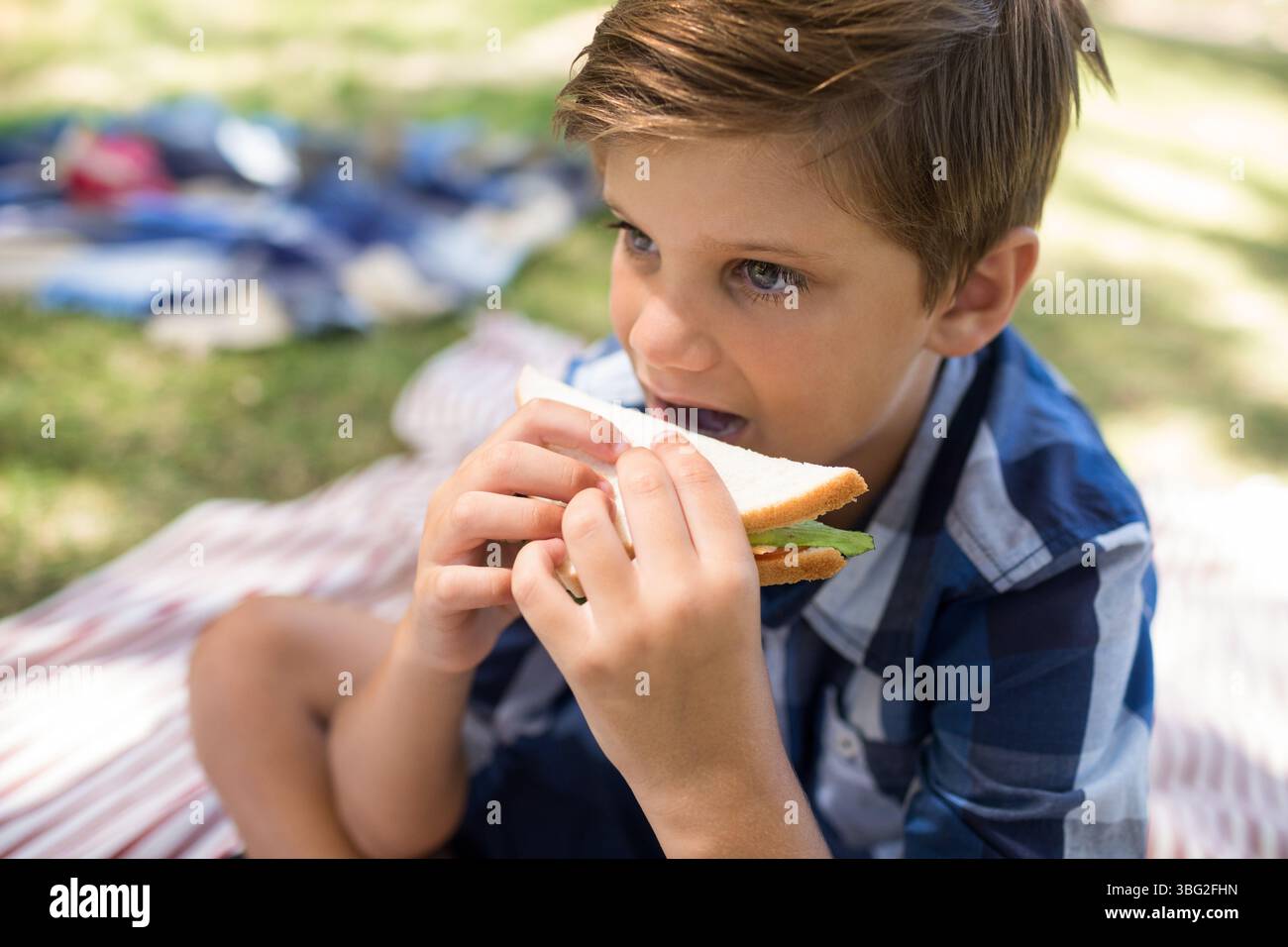 Junge sitzt im Kreuz auf gestreifter Decke unter Sonnenlicht auf Gras und hält das Sandwich in der Nähe des Mundes Stockfoto