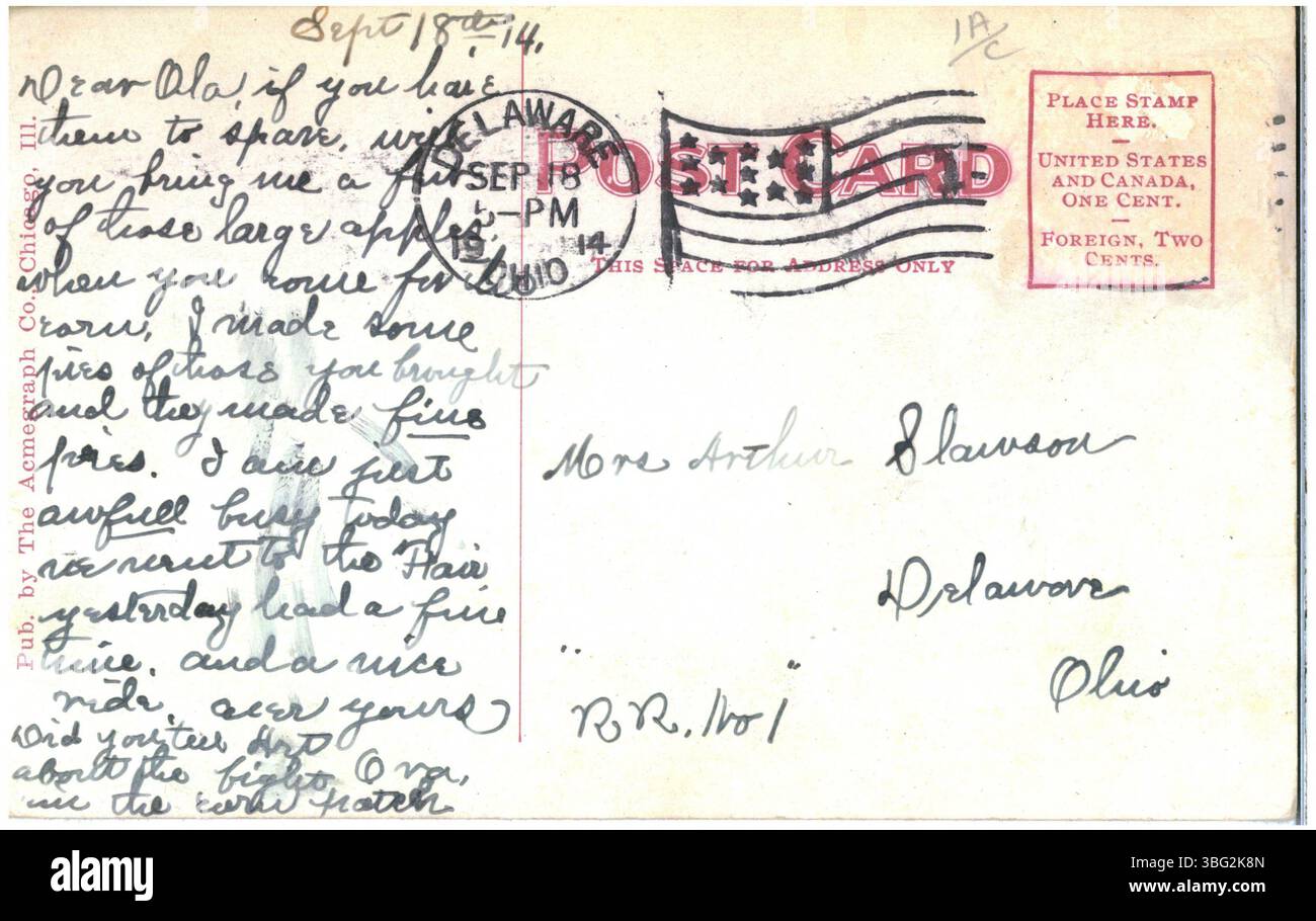 Eine Fotografie aus dem Jahr 1914 vom Jane Case Hospital in Delaware, Ohio, zeigt das architektonische Design des Krankenhauses und seine Bedeutung für die Gemeinde als Gesundheitseinrichtung. Stockfoto