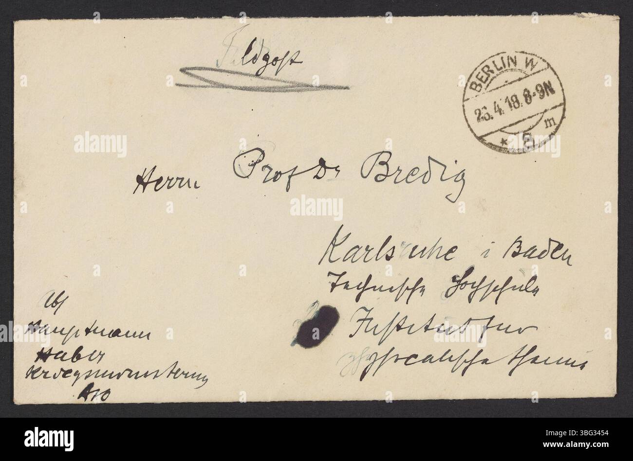 Zweite Seite eines Umschlags, den Fritz Haber im April 1918 an Georg Bredig geschickt hat, der persönliche und berufliche Kommunikation während des Ersten Weltkriegs zeigt Stockfoto