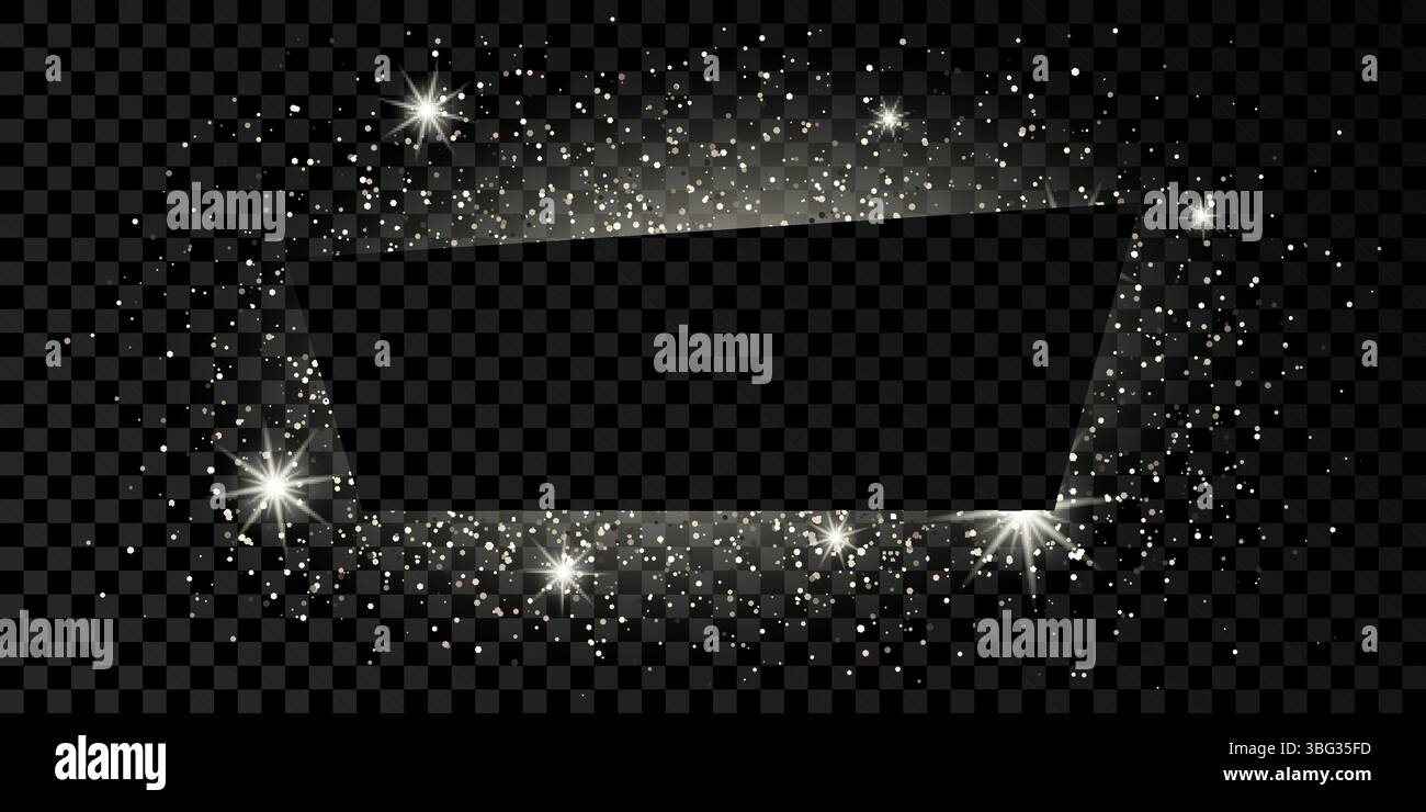 Silberner Trapezrahmen mit Glitzer, Glitzern und Lichtern auf dunklem transparentem Hintergrund. Leere luxuriöse Kulisse. Vektorabbildung. Stock Vektor