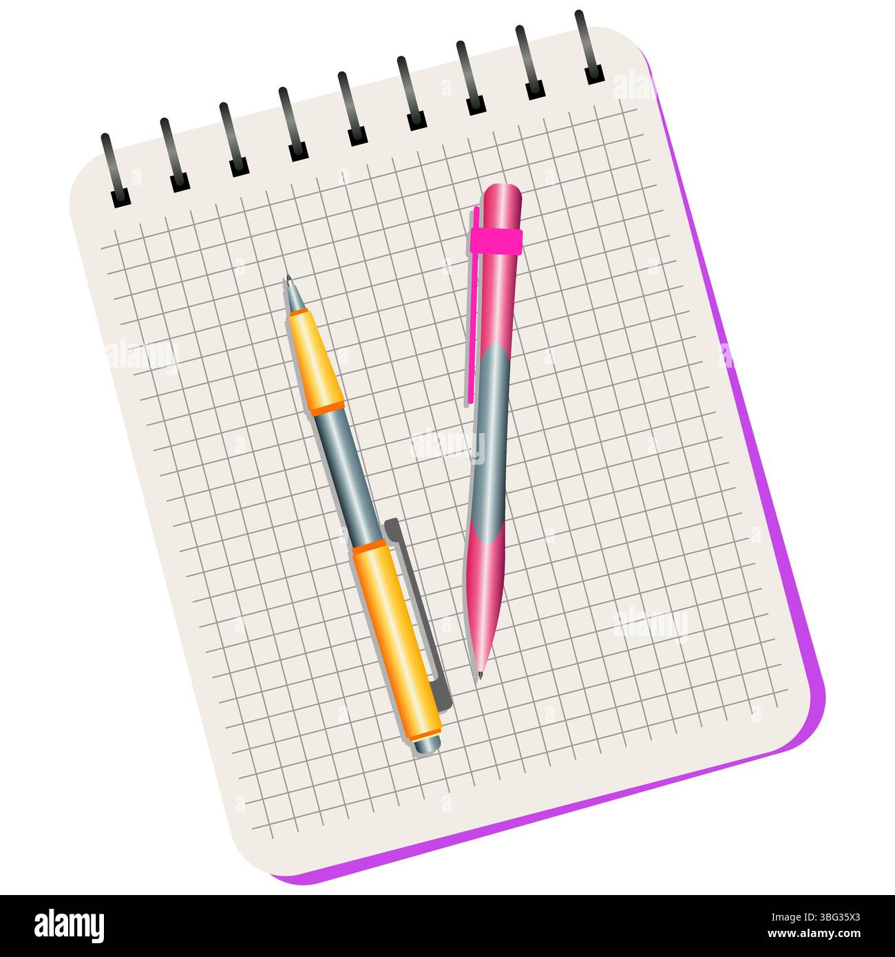 Notizbuch, gelber Stift und rosafarbener Stift auf weißem Hintergrund Stock Vektor