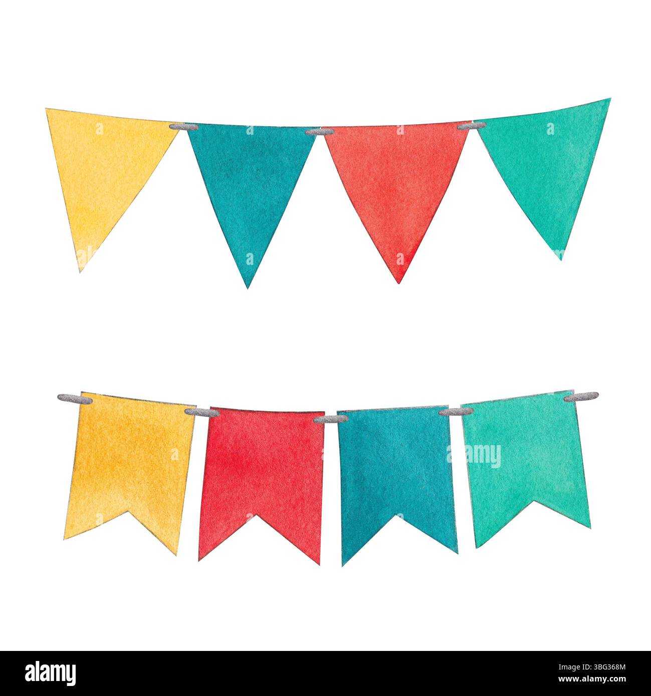 Bunte Festflaggen. Handgezeichnete Aquarellillustration im Vintage-Stil. Zirkusgirlande. Clipart für Weihnachtskarten und Kindergeburtstage Stockfoto