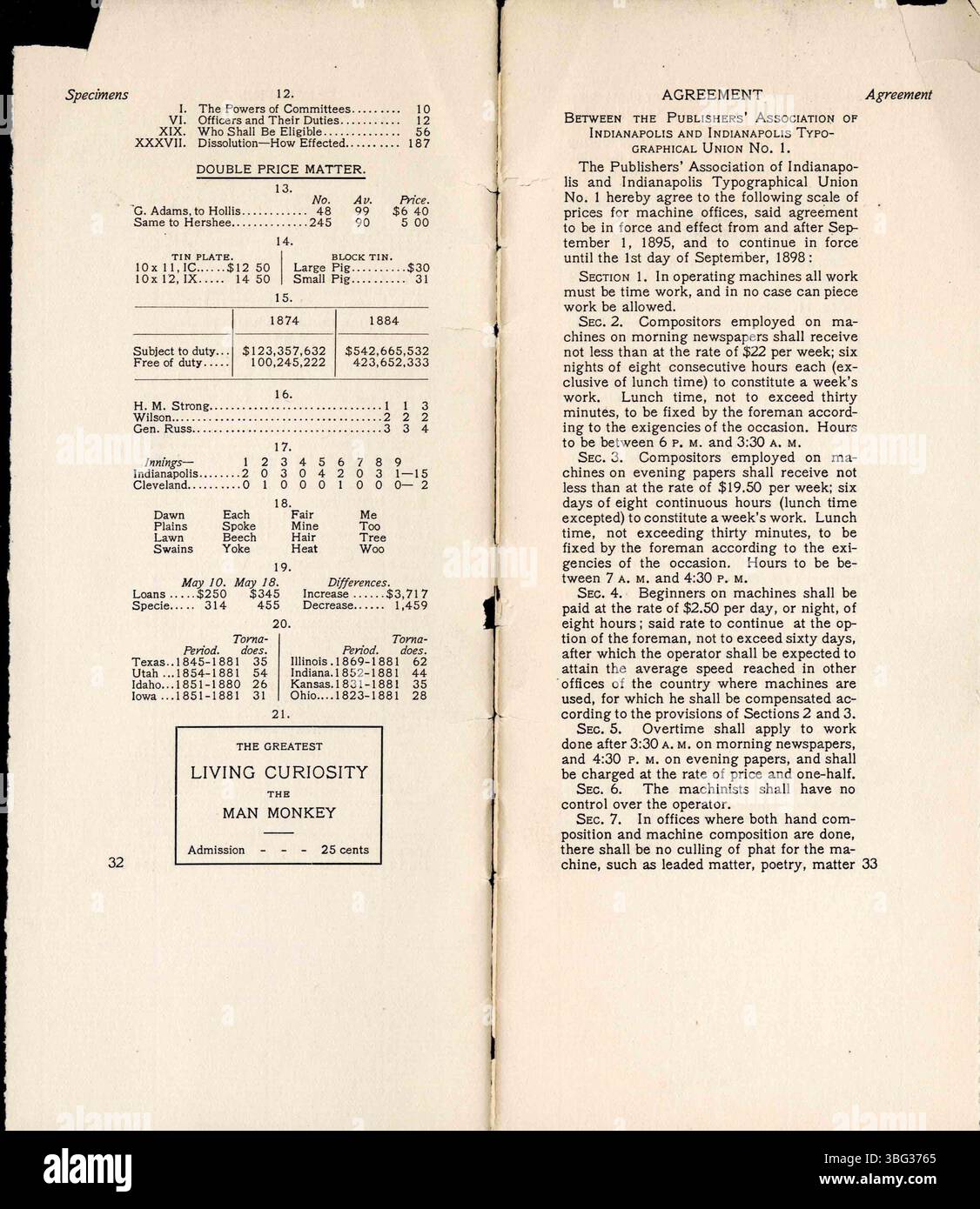 Seite 19 der Verfassung, Satzung und Preisklasse der typographischen Gewerkschaft Nr. 1 von 1900 enthält weitere Einzelheiten zu den Mitgliedsbeiträgen, den Rechten der Arbeiter und den Preisen für die Satzarbeit in Indianapolis. Stockfoto