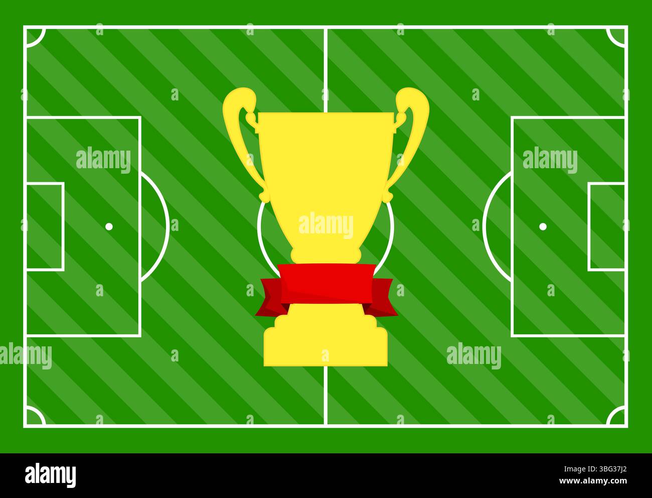 Fußballfeld mit grünem Gras und goldenem Becher mit rotem Band. Vektorabbildung Stock Vektor