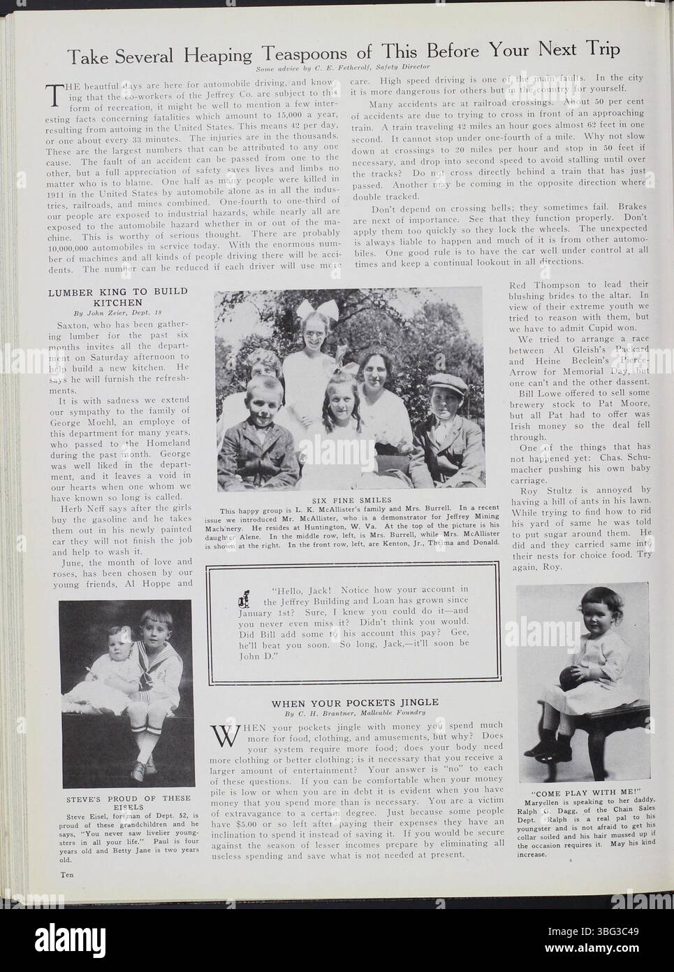 Der Jeffrey Service, der von 1914 bis 1921 veröffentlicht wurde, war ein Newsletter des Unternehmens, der Artikel über die Jeffrey Company, Bergbautechnologie und Mitarbeiteraktivitäten enthielt. Es enthielt gesellschaftliche Veranstaltungen, Familienfotos und Berichte über den Ersten Weltkrieg und Mitarbeiter, die sich dazu meldeten. Stockfoto